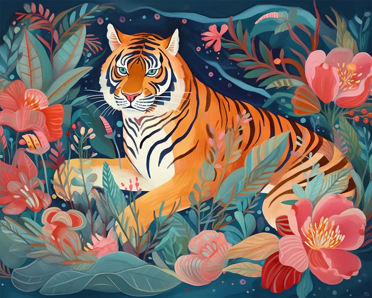 Floral garden tiger cross stitch kit for beginners