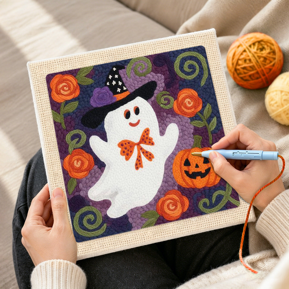 Creating handmade floral ghost with witch hat punch needle artwork
