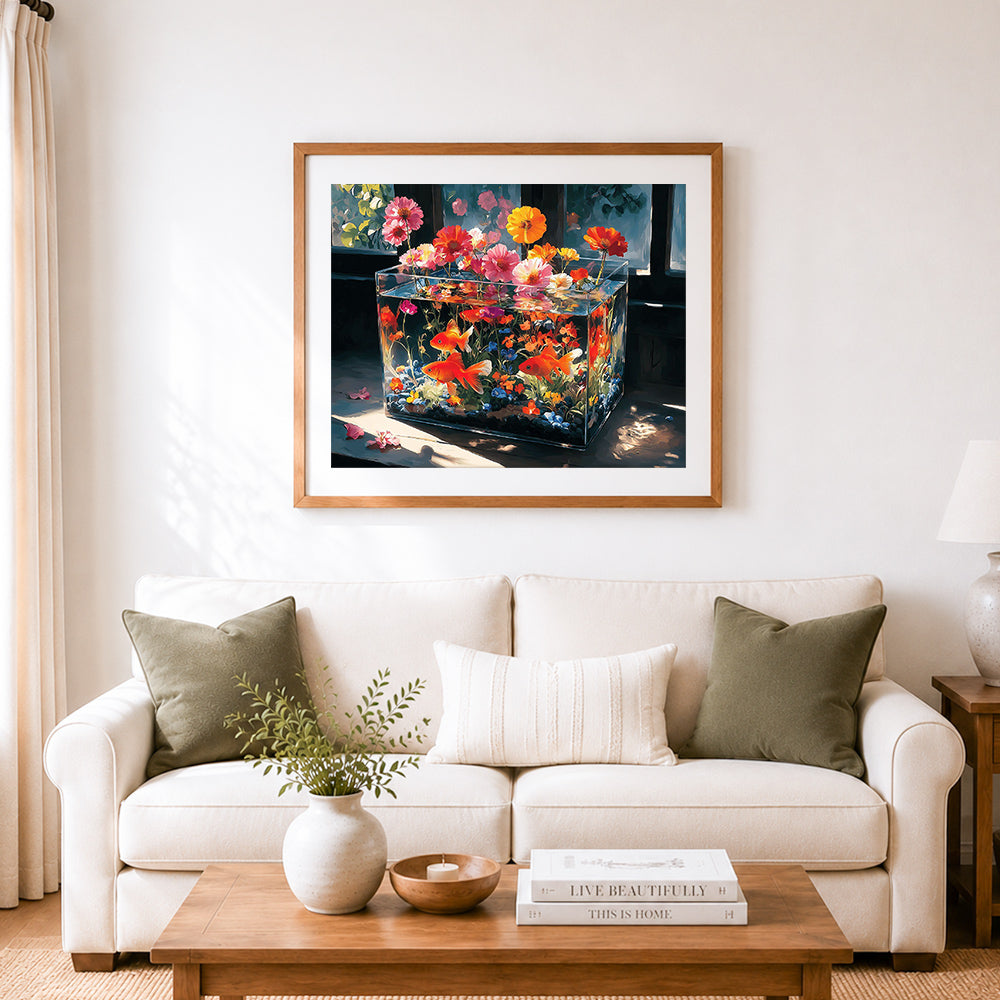 Finished floral goldfish aquariumcross stitch artwork displayed as home decor