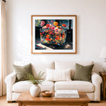 Finished floral goldfish aquariumcross stitch artwork displayed as home decor