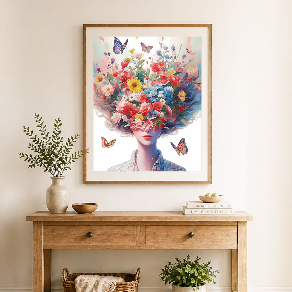 Finished floral hair portrait cross stitch artwork displayed as home decor