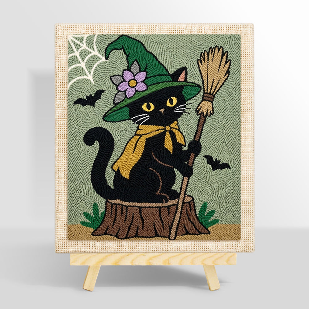 Floral‑hat witch cat with broom punch needle kit for beginners