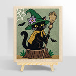 Floral‑hat witch cat with broom punch needle kit for beginners
