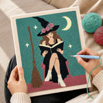 Creating handmade floral‑hat witch reading book punch needle artwork