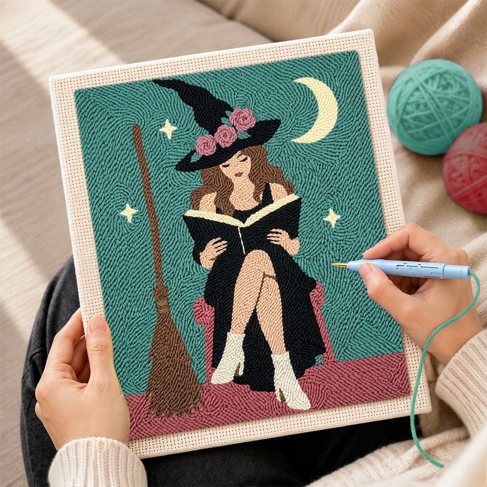 Creating handmade floral‑hat witch reading book punch needle artwork