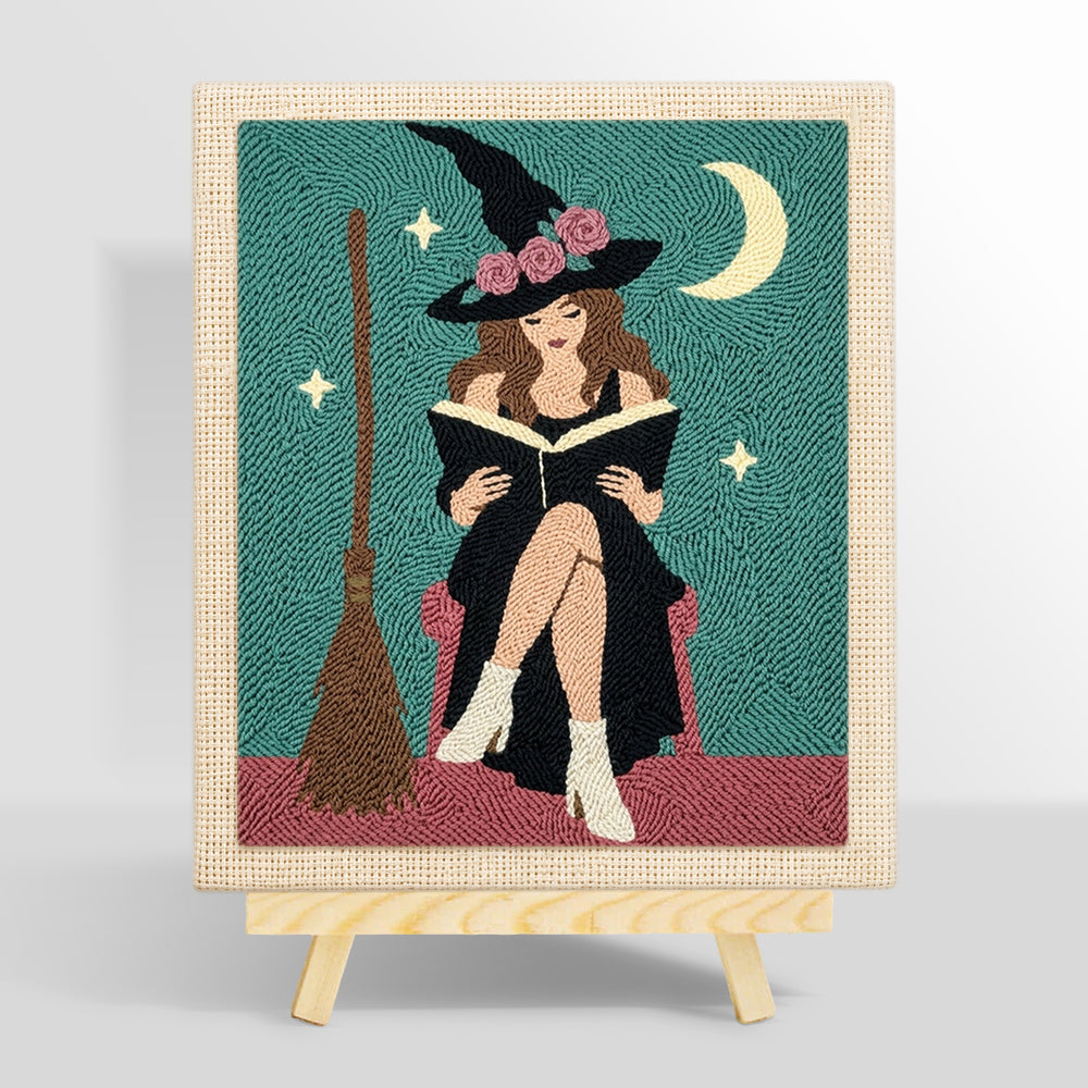 Floral‑hat witch reading book punch needle kit for beginners