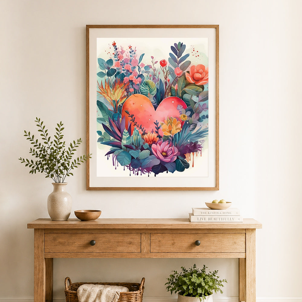 Finished floral heart watercolor cross stitch artwork displayed as home decor