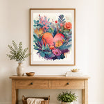 Finished floral heart watercolor cross stitch artwork displayed as home decor