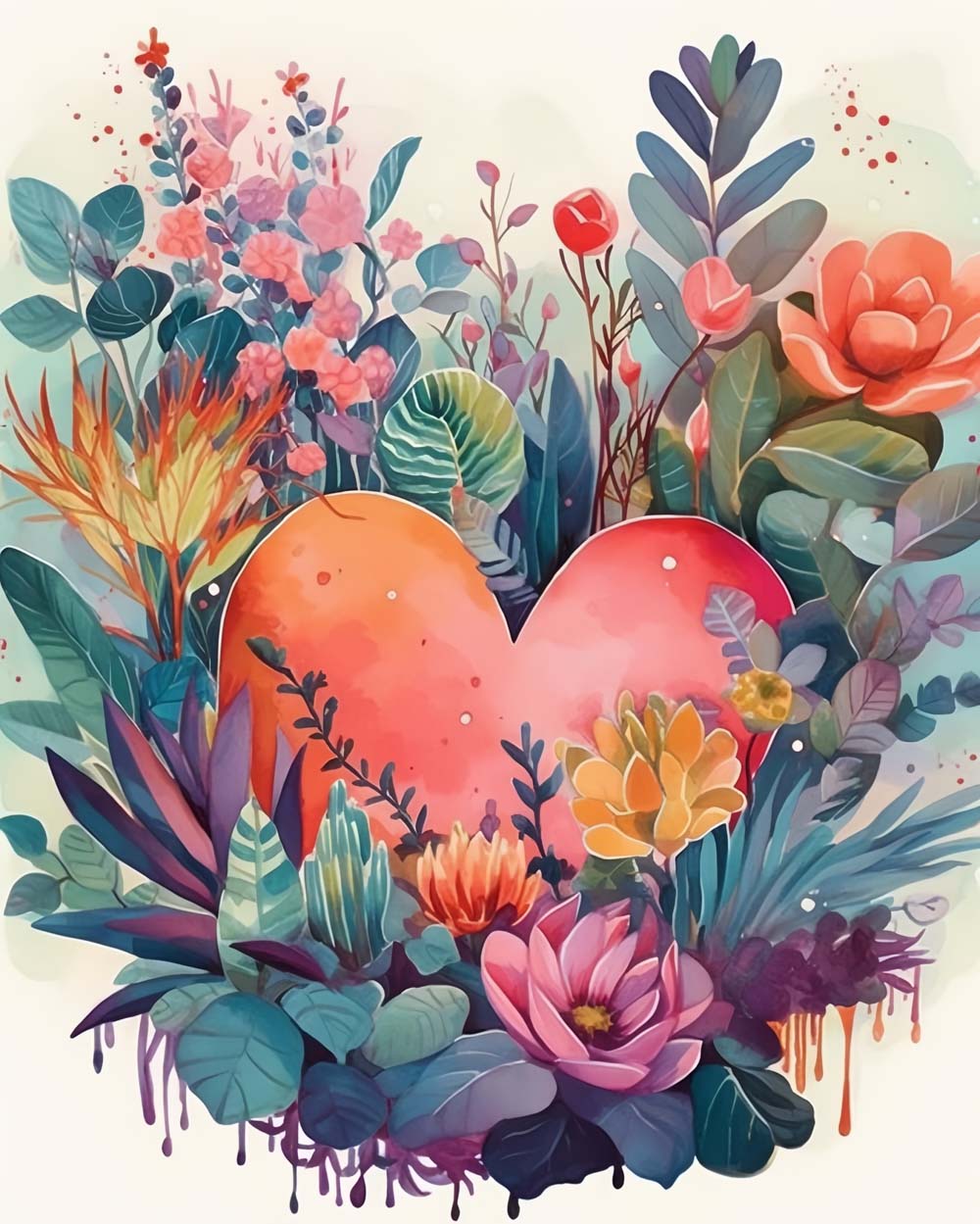 Floral heart watercolor cross stitch kit for beginners