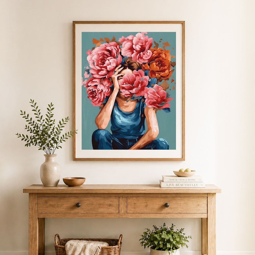 Finished floral hidden beauty cross stitch artwork displayed as home decor