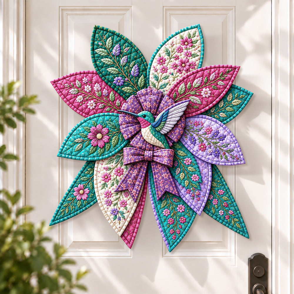 Floral hummingbird DIY quilted bow sewing kit finished as a handmade door decoration