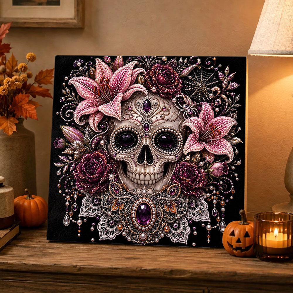 Finished floral jeweled skull pearl diamond painting artwork displayed as holiday home decor