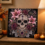 Finished floral jeweled skull pearl diamond painting artwork displayed as holiday home decor