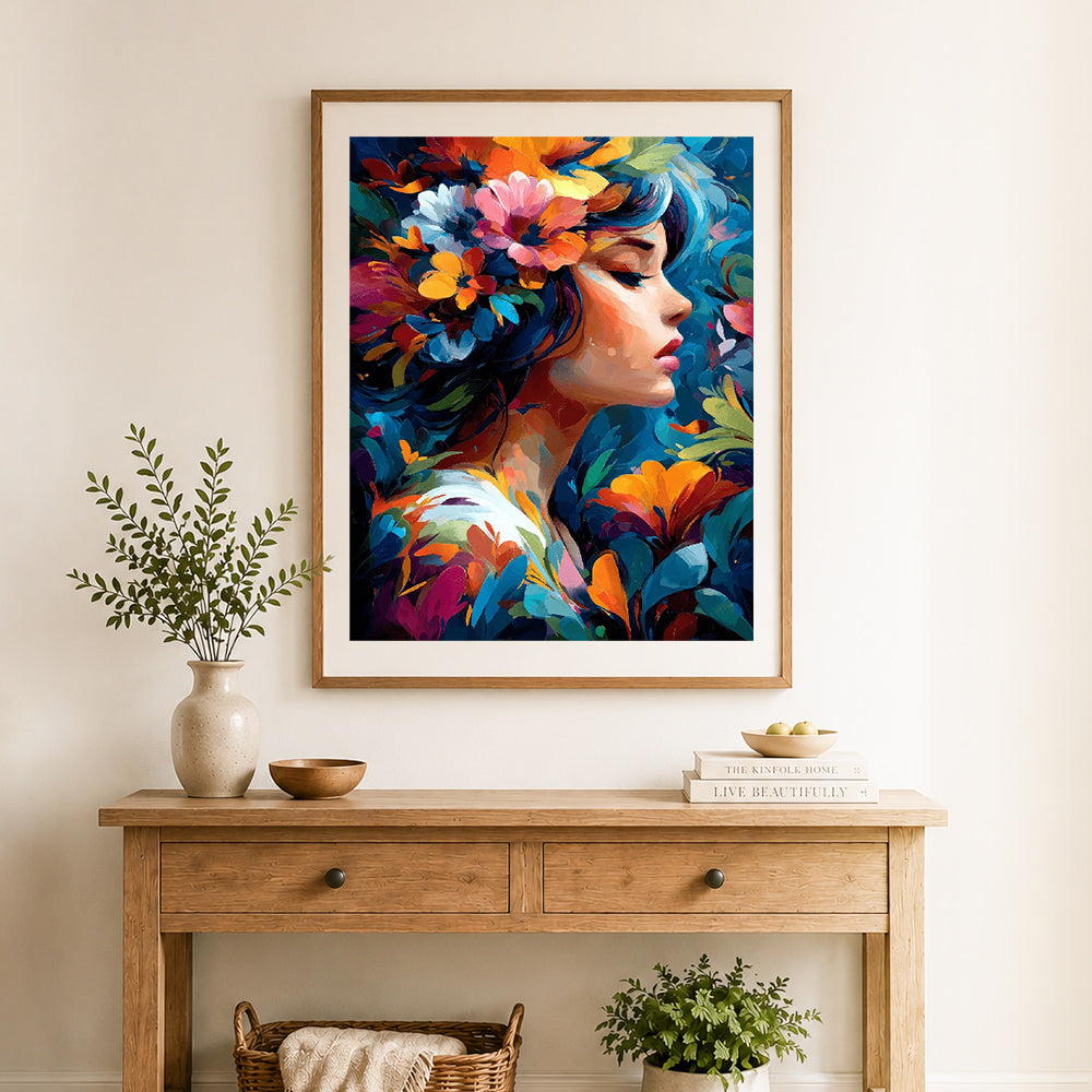 Finished floral lady portrait cross stitch artwork displayed as home decor