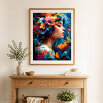 Finished floral lady portrait cross stitch artwork displayed as home decor