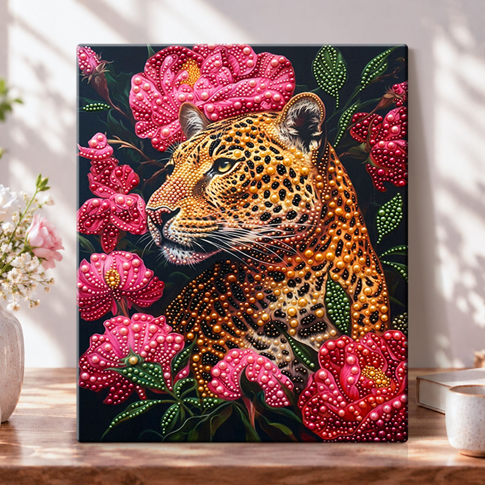 Floral leopard portrait pearl diamond painting kit for beginners