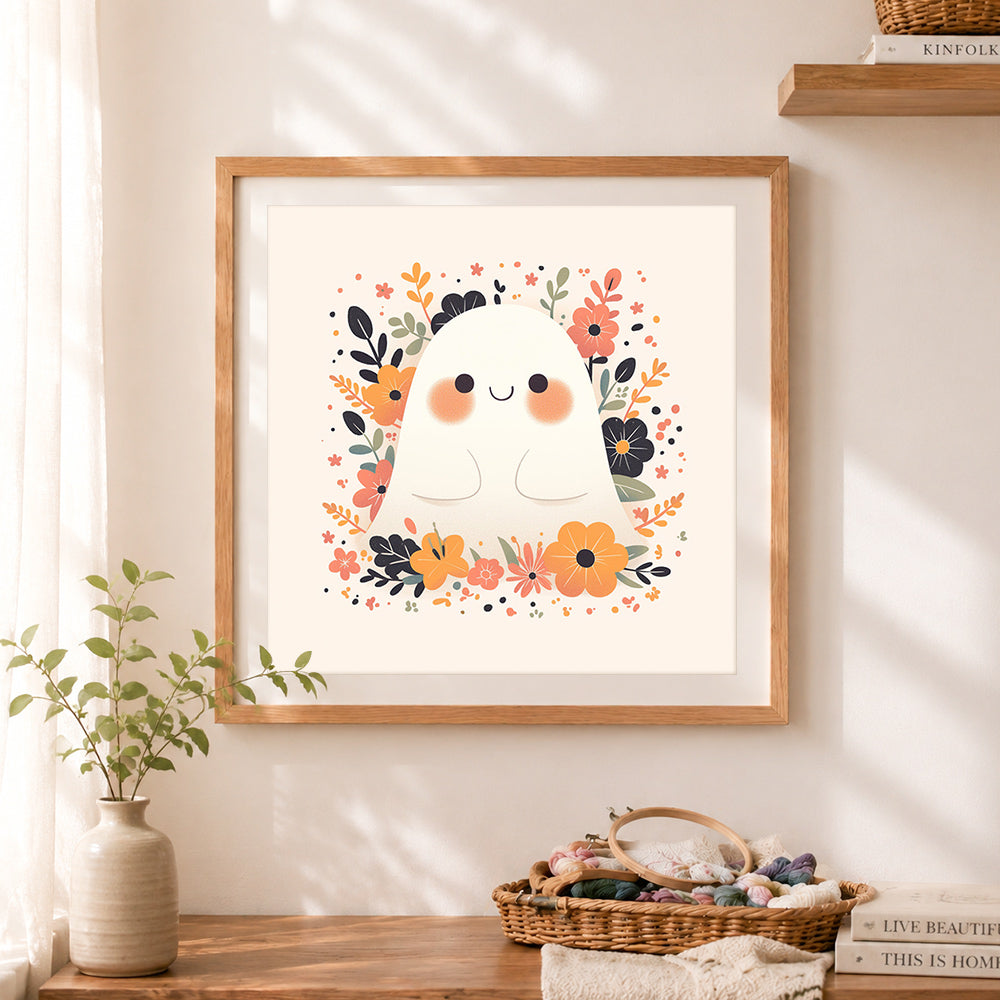 Finished floral little ghost cross stitch artwork displayed as home decor
