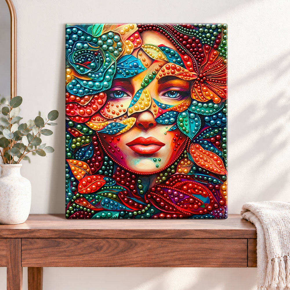 Finished floral mask portrait pearl diamond painting artwork displayed as home decor