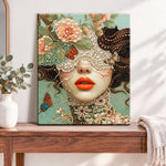 Finished floral masked beauty pearl diamond painting artwork displayed as home decor