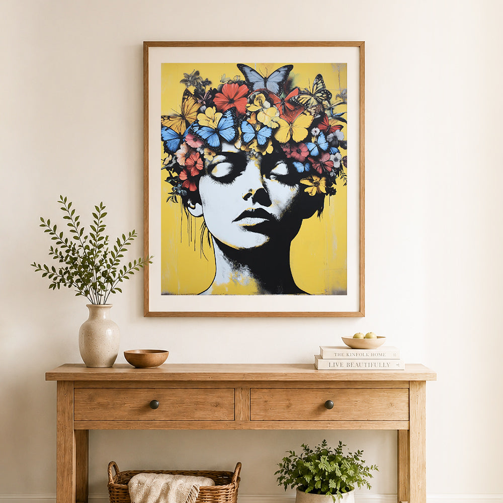 Finished floral mind cross stitch artwork displayed as home decor