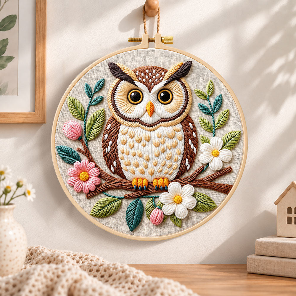 Floral owl on branch embroidery hoop wall art displayed as warm and cozy handmade home decor