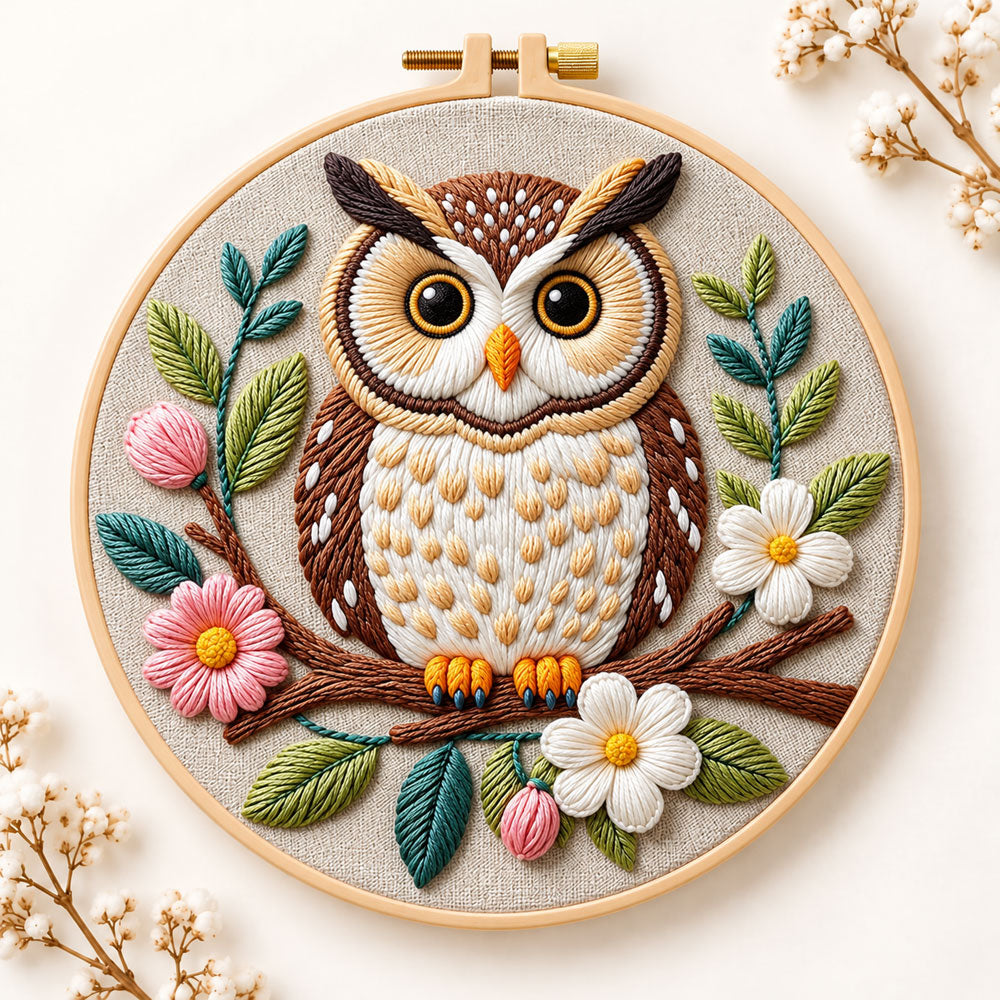 Floral owl on branch embroidery kit