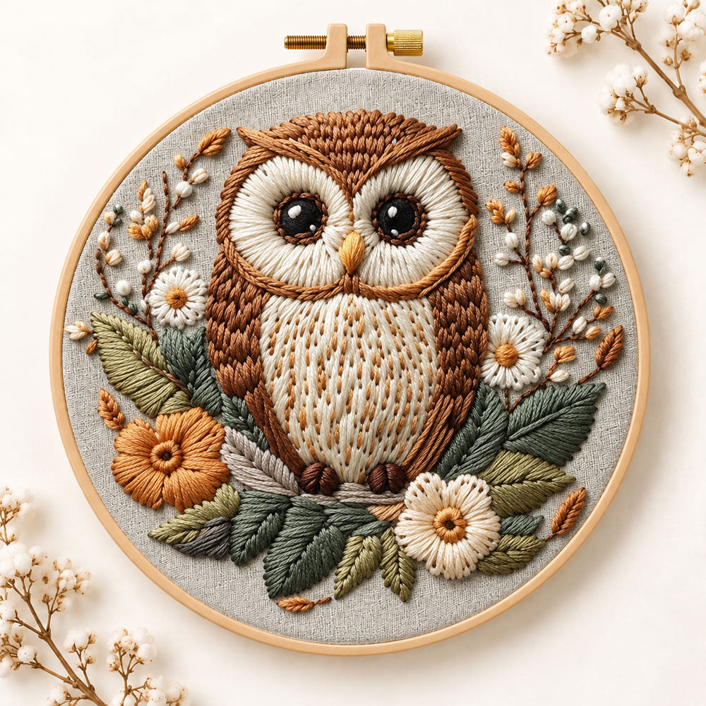 Floral owl portrait embroidery kit