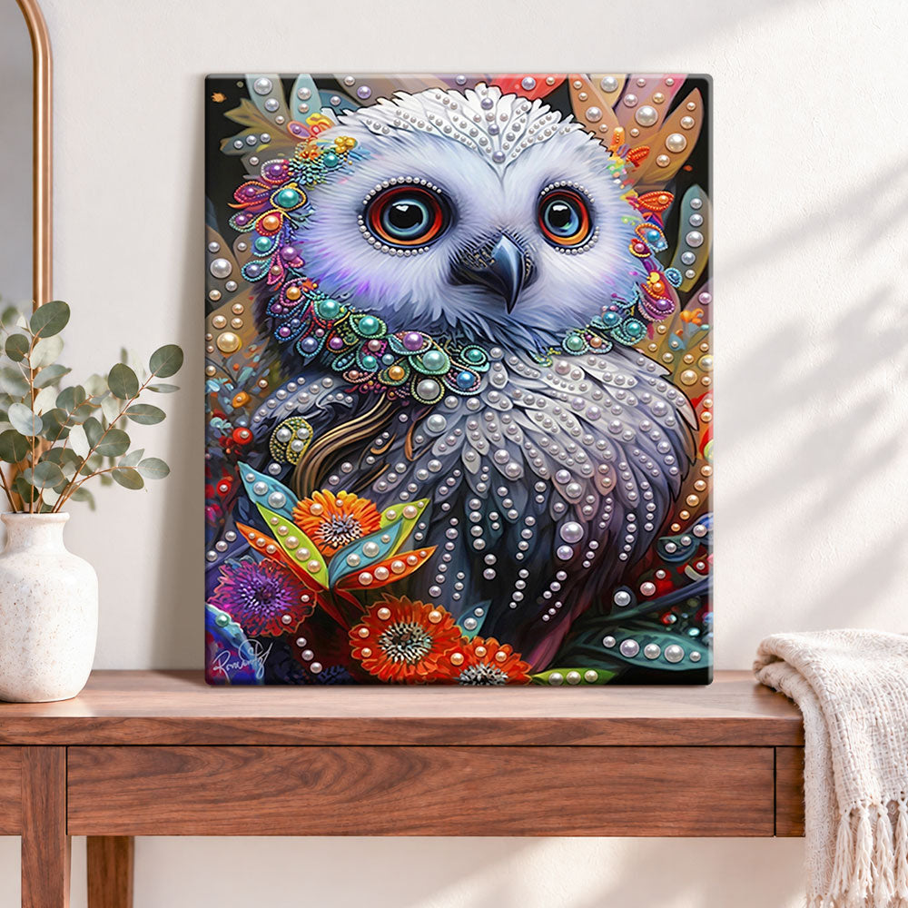 Finished floral owl portrait pearl diamond painting artwork displayed as home decor