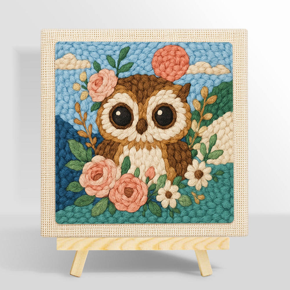 Floral owl with pink moon punch needle kit for beginners