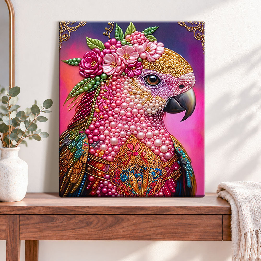 Finished floral parrot splendor pearl diamond painting artwork displayed as home decor