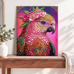 Finished floral parrot splendor pearl diamond painting artwork displayed as home decor