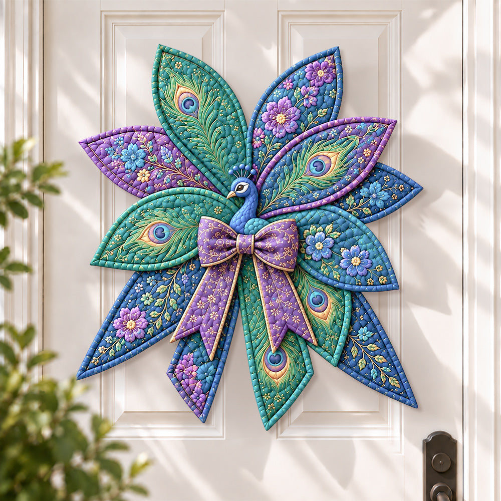 Floral peacock DIY quilted bow sewing kit finished as a handmade door decoration