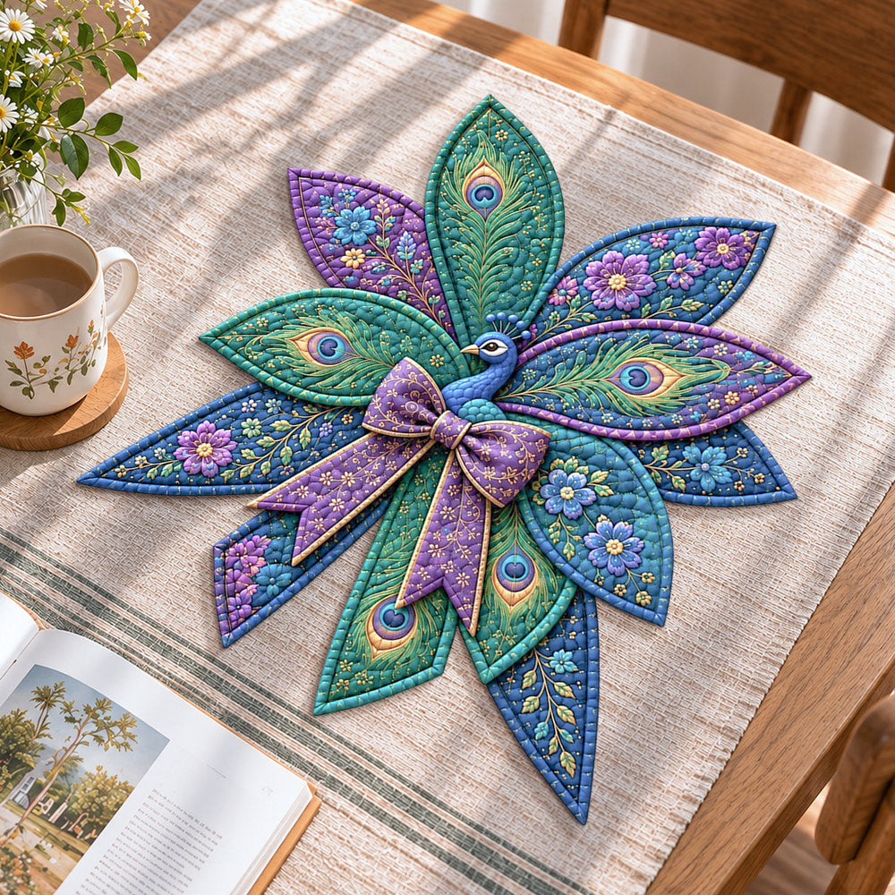 Floral peacock handmade quilted bow displayed on a table as seasonal home decor