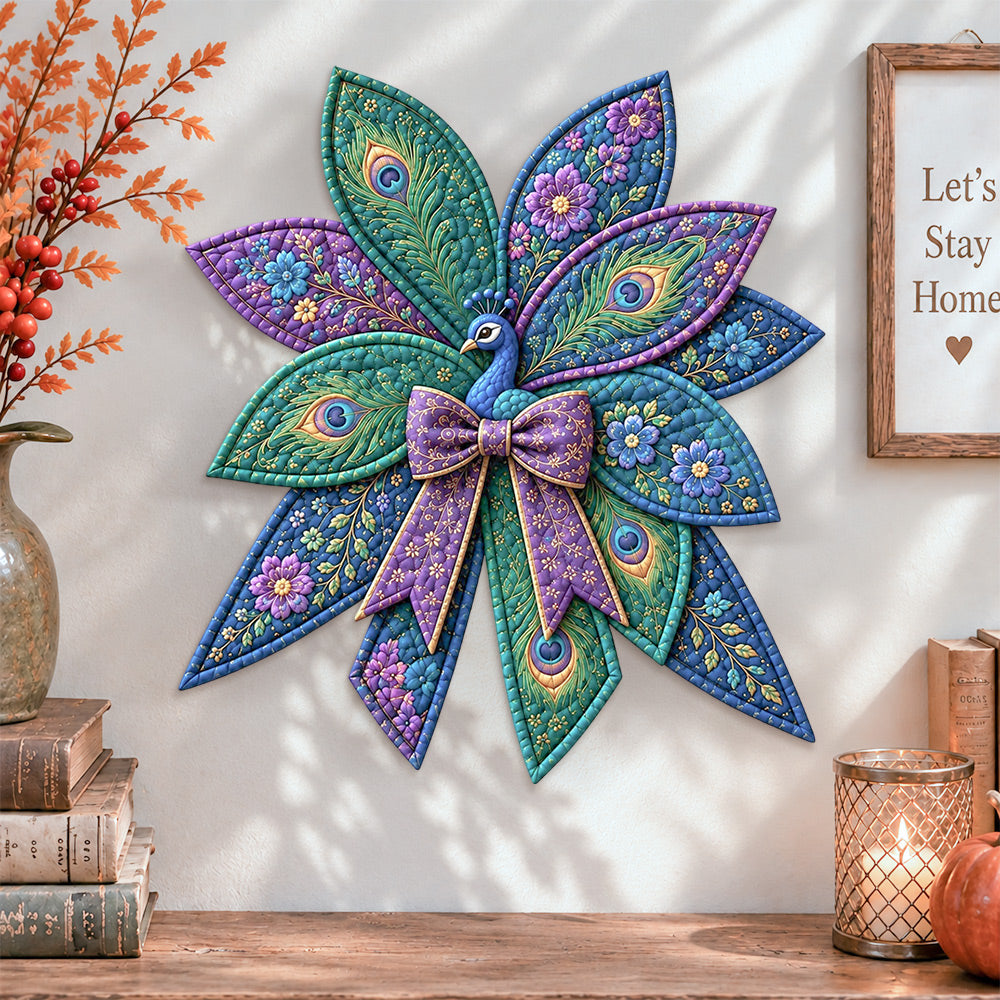 Floral peacock quilted bow displayed as handmade wall decor in a cozy home