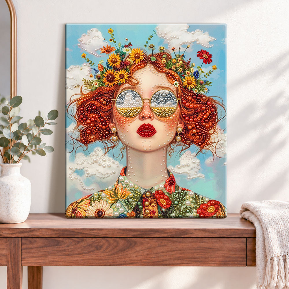 Finished floral pearled portrait pearl diamond painting artwork displayed as home decor