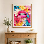 Finished floral pop art lips cross stitch artwork displayed as home decor