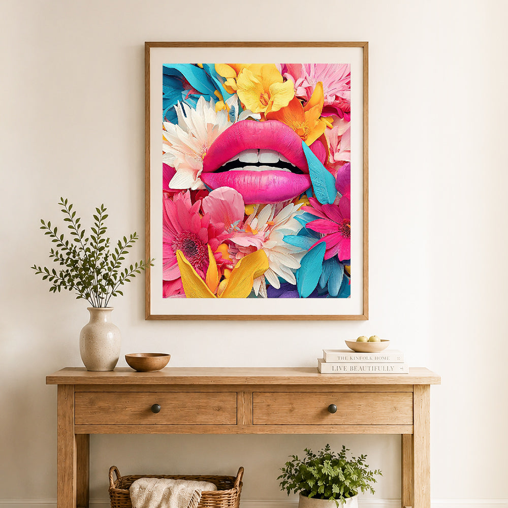Finished floral pop art lips cross stitch artwork displayed as home decor