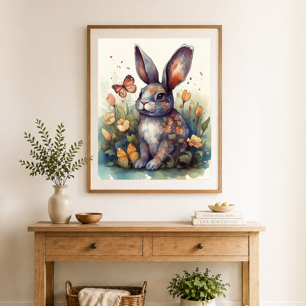Finished floral rabbit with butterflies cross stitch artwork displayed as home decor