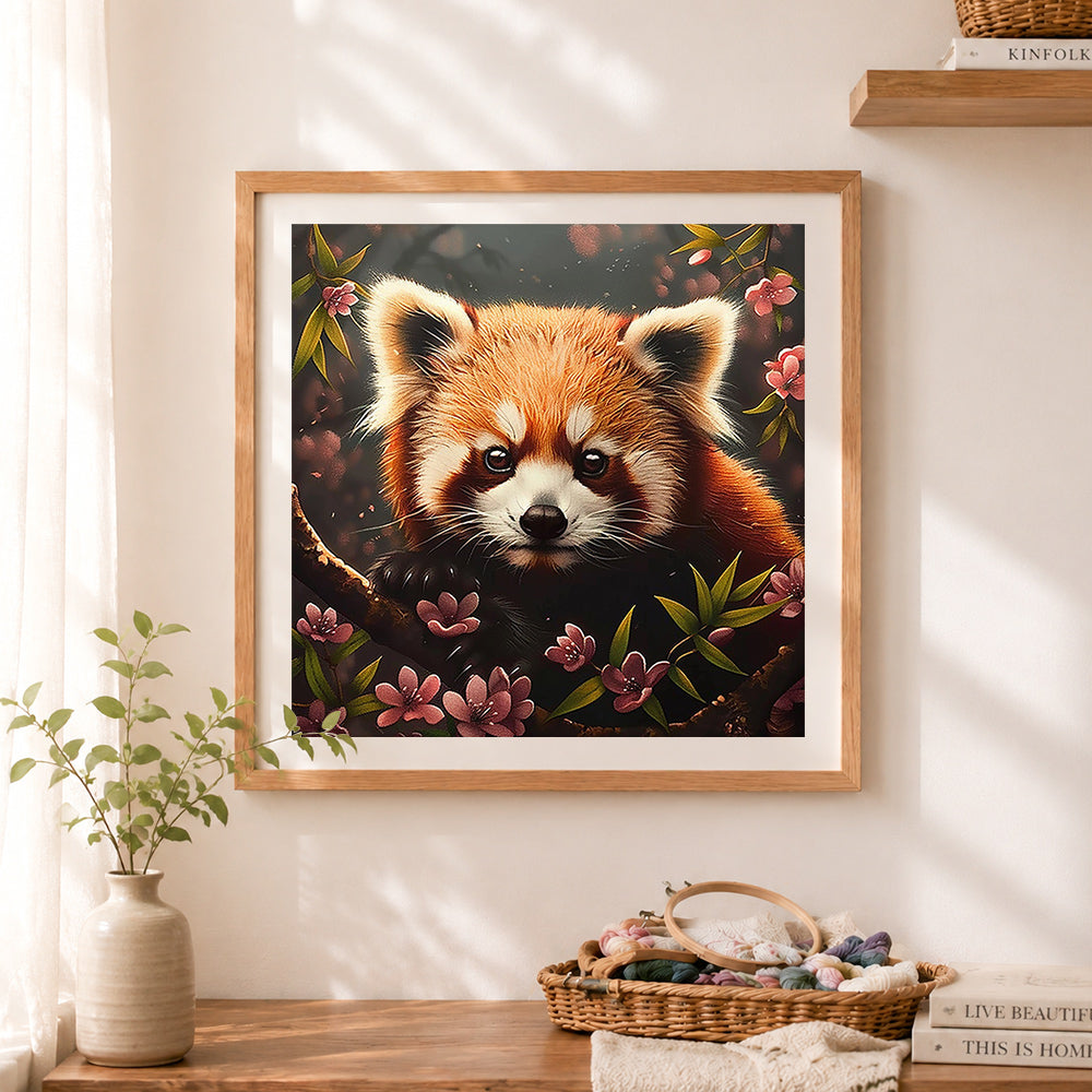 Finished floral red panda cross stitch artwork displayed as home decor