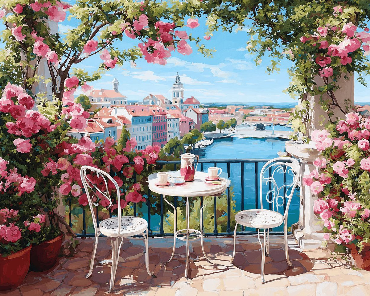 Floral seaside balcony cross stitch kit for beginners