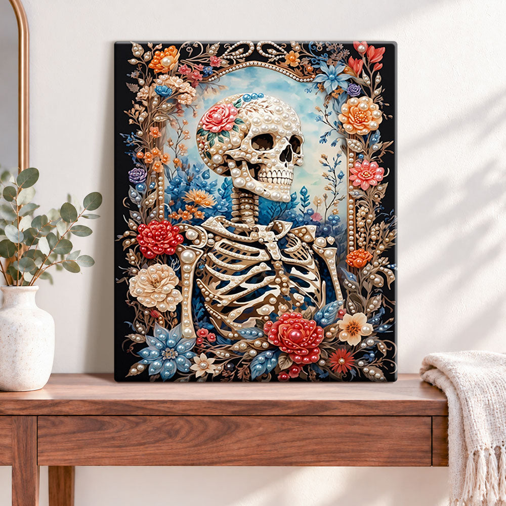Finished floral skeleton beauty pearl diamond painting artwork displayed as home decor