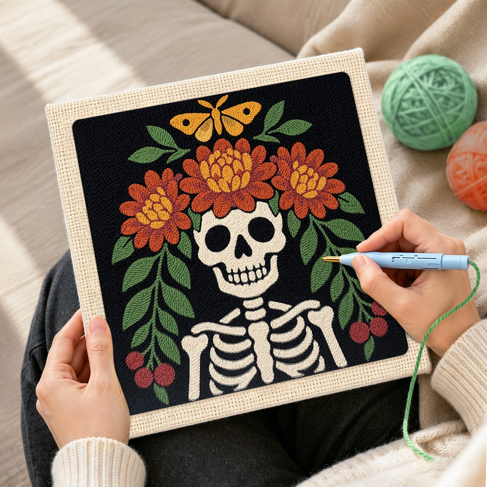 Creating handmade floral skeleton punch needle artwork