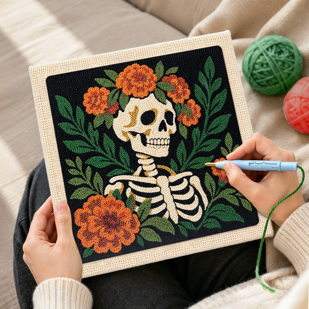 Creating handmade floral skeleton side view punch needle artwork