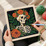 Creating handmade floral skeleton side view punch needle artwork