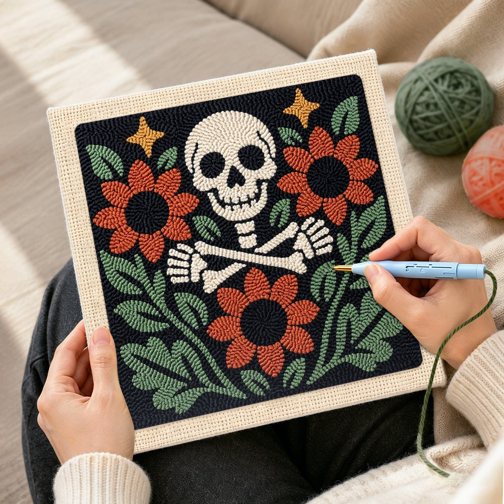 Creating handmade floral skeleton with sunflowers punch needle artwork