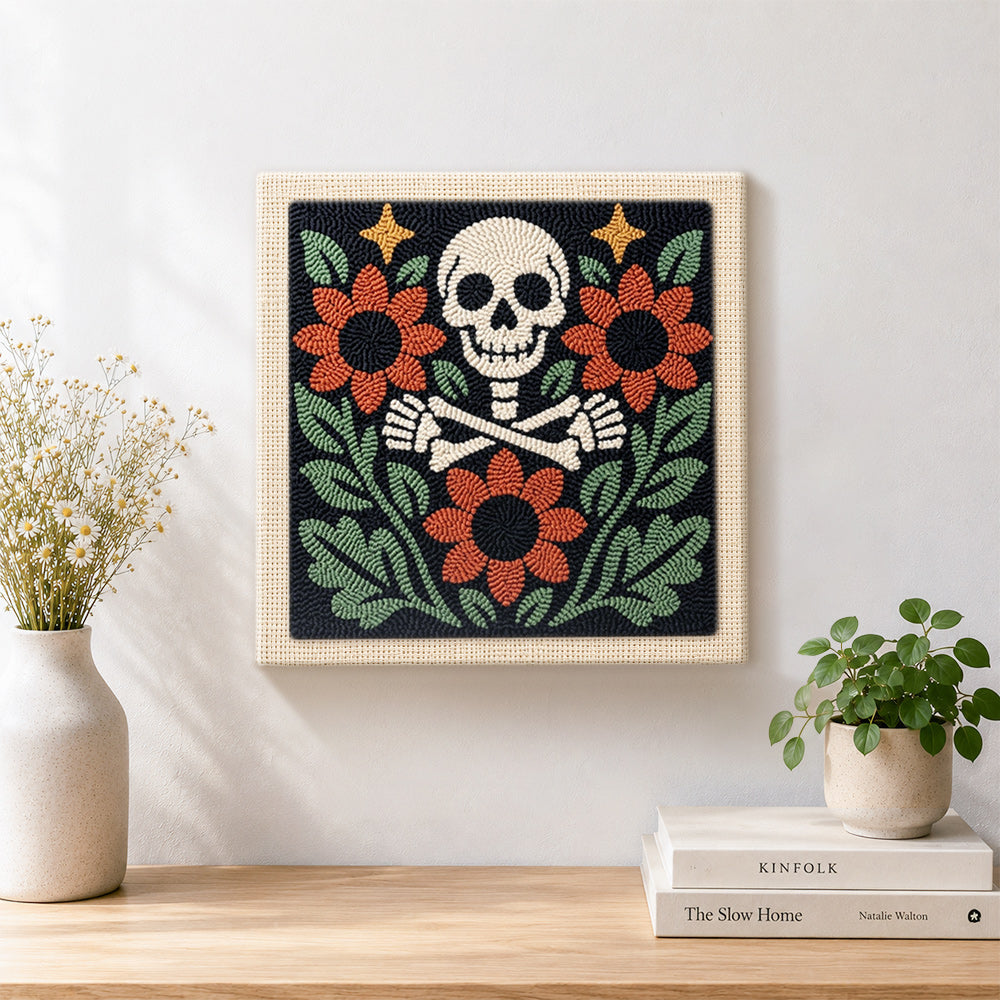 Finished floral skeleton with sunflowers artwork displayed on a wall