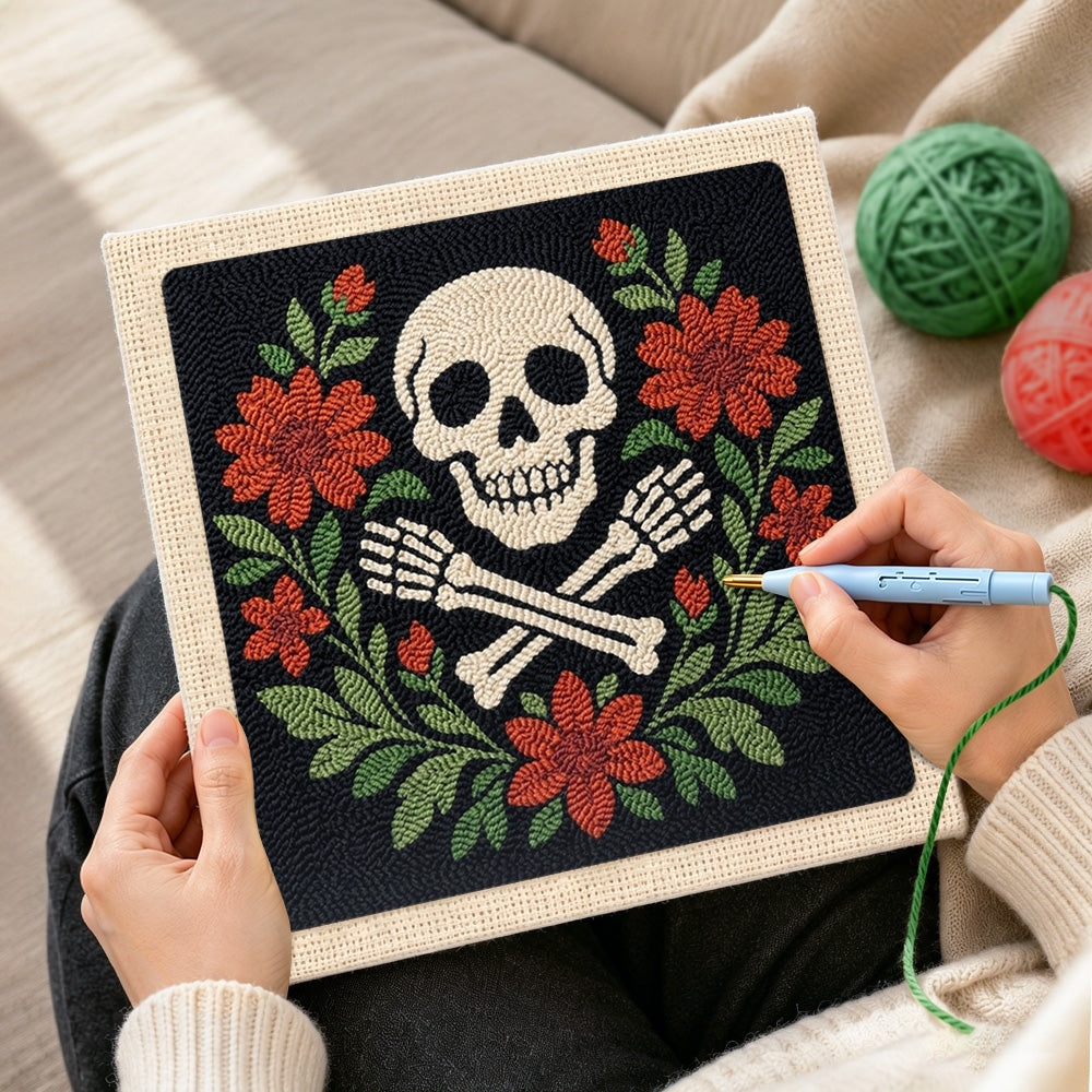 Creating handmade floral skull and crossbones punch needle artwork