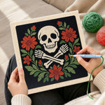 Creating handmade floral skull and crossbones punch needle artwork