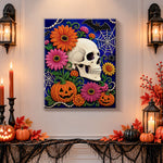 Finished floral skull with sunflowers pearl diamond painting artwork displayed as holiday home decor