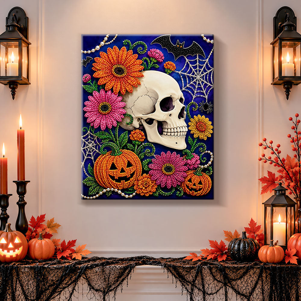 Finished floral skull with sunflowers pearl diamond painting artwork displayed as holiday home decor